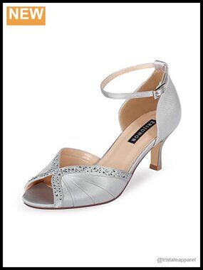 ERIJUNOR Women Low Heel Ankle Strap Rhinestones Pleat Satin Wedding Shoes